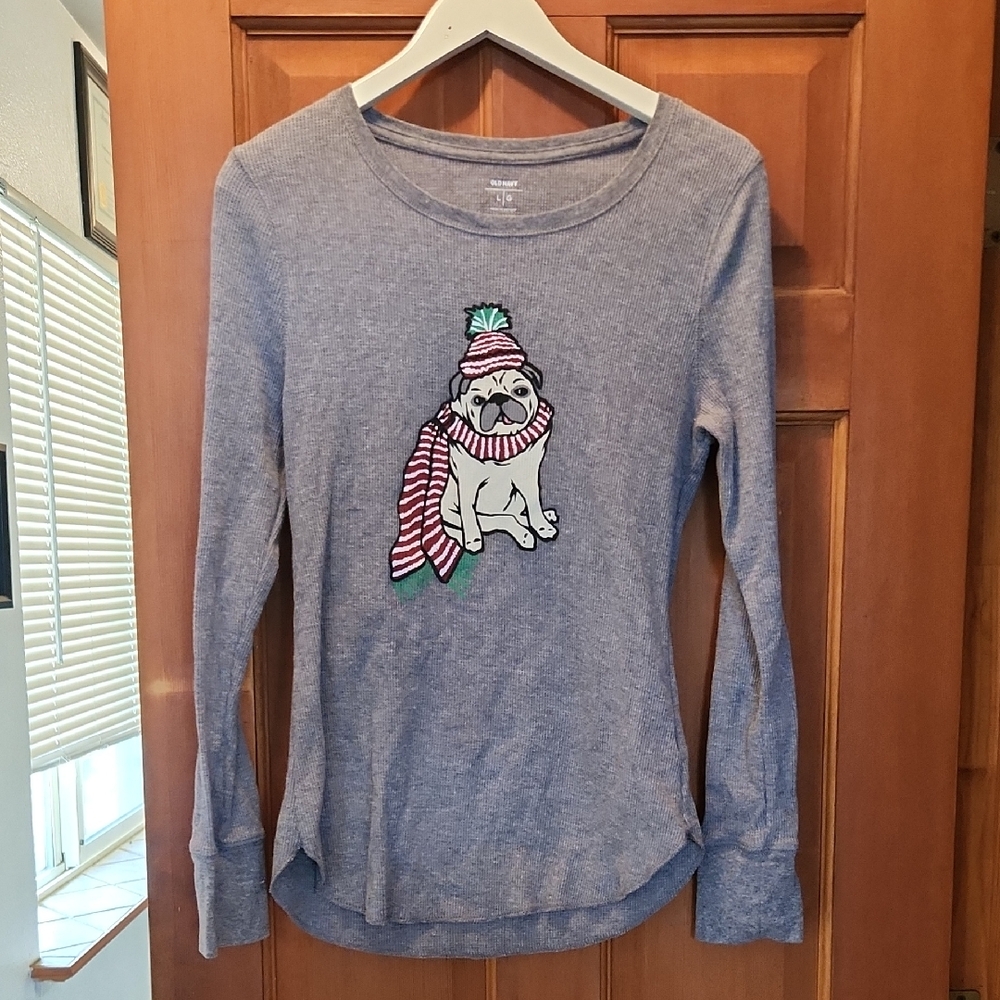 Old Navy Gray Waffle Knit Christmas Top With Adorable Winter Pug